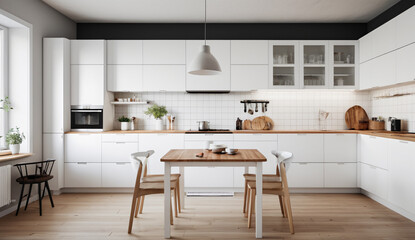 Minimalist Scandinavian kitchen with white cabinets, wooden countertops and a small dining table with chairs, soothing tones