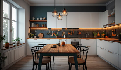 Minimalist Scandinavian kitchen with white cabinets, wooden countertops and a small dining table with chairs, glowing, dramatic lighting