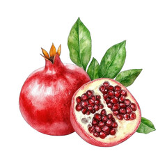 Collection of PNG. Watercolor painting of A Whole and Half Pomegranate with Green Leaves, isolated on a transparency background.