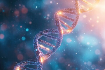 Glowing DNA Helix in a Blue and Pink Blurred Background