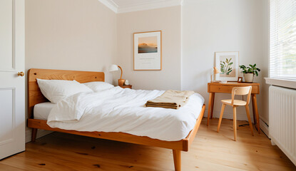 A small Scandinavian bedroom with a wooden bed frame, white bedding and a simple nightstand, soothing tones