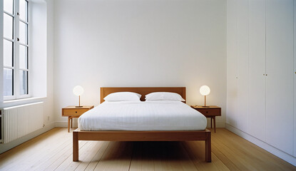A small Scandinavian bedroom with a wooden bed frame, white bedding and a simple nightstand, simple, clean