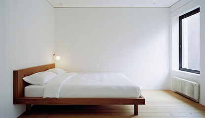 A small Scandinavian bedroom with a wooden bed frame, white bedding and a simple nightstand, simple, clean