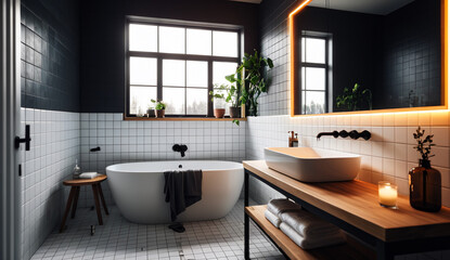 Fototapeta premium A Scandinavian bathroom with white tiles, a wooden vanity and a large window with natural light, dramatic lighting