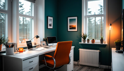 Fototapeta premium A Scandinavian home office with a white desk, a comfortable chair and natural light streaming through a window, soft light, sharp, exposure blend, medium shot