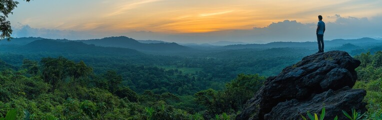 Man standing on a cliff enjoying a breathtaking sunset view