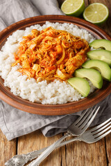 Chicken Tinga shredded and cooked with onion, garlic, tomatoes and chipotle peppers served with rice and avocado closeup in plate on the table. Vertical