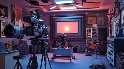 Vintage Film Studio with Equipment and a Sunset Screen