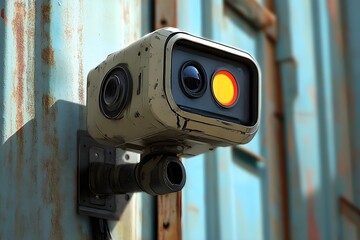 Futuristic scene with a high-tech robot surveillance camera. Generative AI.