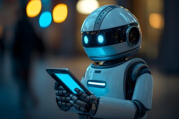 Fototapeta premium Android robot with a smartphone. Generative AI