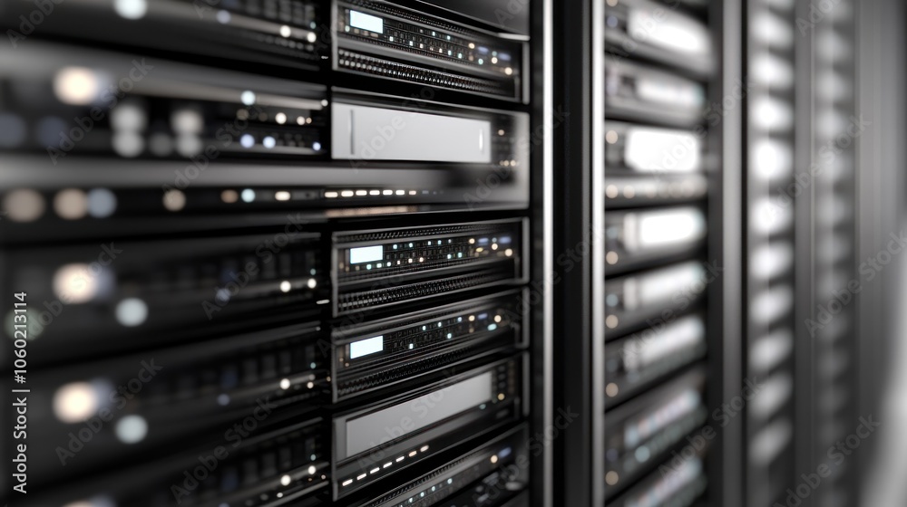 Poster a close-up view of a server rack showcasing multiple storage devices and servers.