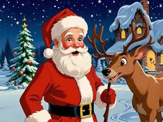 wallpaper representing a cartoon, Santa Claus in a landscape of yesterday. Scene evoking the Christmas party.