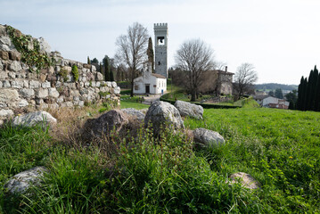 Rocks and stone walls close to the medieval castle of Fagagna in Friuli Venezia Giulia, province of Udine