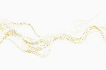 Gold wavy lines and gold glitter on white background. Luxurious gold flowing wavy lines of luminous flow with gold glitter. A glittery holiday decorative design.