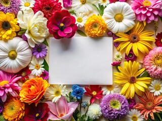 Bright, vibrant flowers encircle a pristine white blank card, creating an inviting backdrop perfect for invitations and greetings, ideal for any special occasion.