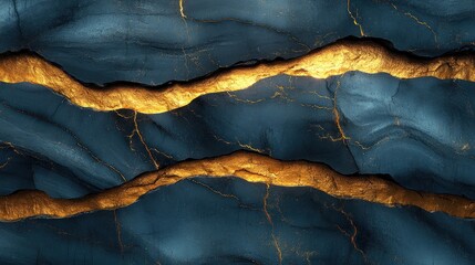 Naklejka premium Abstract blue and gold marble texture with wavy lines and cracks.