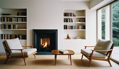 Fototapeta premium A Scandinavian living room with a fireplace, a large comfortable armchair and a bookshelf filled with books, soothing tones