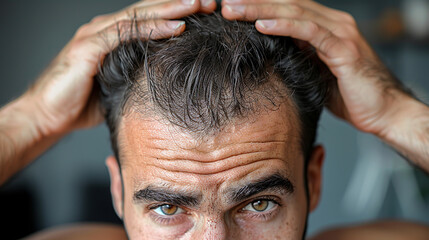 Obraz premium Close-up of a man examining his receding hairline and forehead wrinkles, expressing concern about hair loss and aging