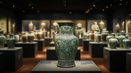 Ancient Chinese bronze vase displayed in museum, surrounded by artifacts. intricate designs and historical significance evoke sense of cultural heritage and artistry