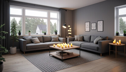 A modern Scandinavian living room with a sleek grey sofa, a coffee table with geometric shapes and a few strategically placed candles, detailed isometric living room