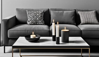 A modern Scandinavian living room with a sleek grey sofa, a coffee table with geometric shapes and a few strategically placed candles, close-up, detailed