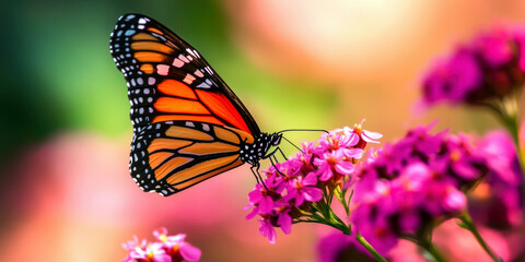 A stunning close-up of a Monarch butterfly delicately perched on colorful pink flowers, showcasing its intricate wings and vibrant colors against a gentle, blurred background.
