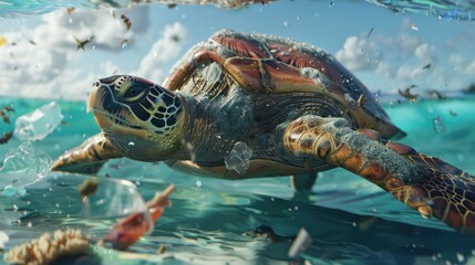 Obraz premium A sea turtle with a plastic bag stuck to its leg and close-up of debris floating in the ocean