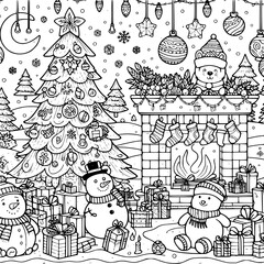 Winter Holiday Coloring Page Cozy Christmas Scene with Fireplace Tree and Gifts