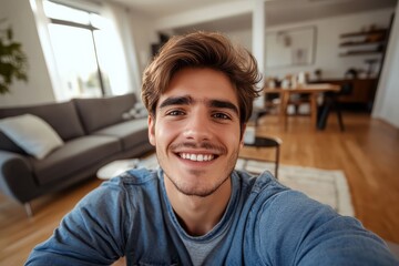 Fototapeta premium A joyful young millennial man takes a selfie in his stylish living room.
