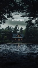 A cabin on the shore of a dark lake, surrounded by trees, overcast sky