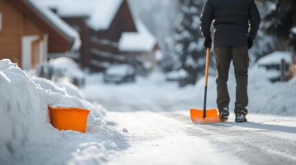A person uses a snow shovel to clear their driveway.