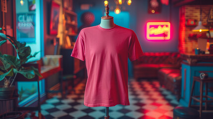 Obraz premium Plain Red T-Shirt on Vintage Mannequin in Retro Studio with Neon Signs