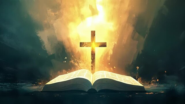 Golden cross shines brightly over an open bible resting on a wooden surface. The light illuminates the pages, creating a serene and spiritual atmosphere. The concept of religion, church and Easter.