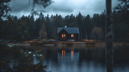 Obraz premium A cabin on the shore of a dark lake, surrounded by trees, overcast sky