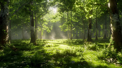 Obraz premium A serene forest glade with sunlight filtering through the trees, casting dappled shadows on the forest floor.