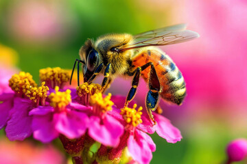 Fototapeta premium A close-up image of a bee gathering nectar from vibrant pink flowers, showcasing the intricate details and colorful aspects of nature?s pollinators.