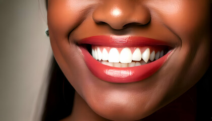 Naklejka premium Close-up of a woman's smile showing white teeth and glossy lips