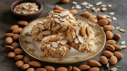 Obraz premium Almond Cookies: Soft, crumbly cookies topped with almonds, elegantly displayed on a decorative plate, surrounded by whole almonds.
