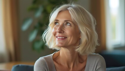 Smiling mature woman with short blonde hair thinking positively in a cozy home environment"