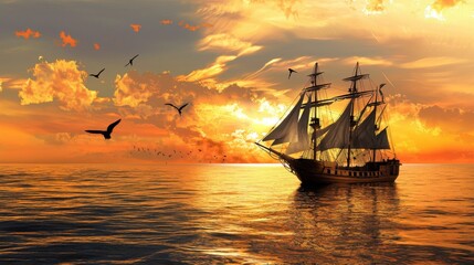 Fototapeta premium Maritime Voyage: A Sea-Bound Ship Vector Wallpaper