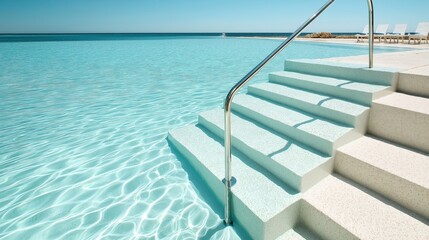 Fototapeta premium Luxurious infinity pool with clear water and modern stair railing, overlooking the ocean. Lounge chairs are visible in the background under a clear blue sky.