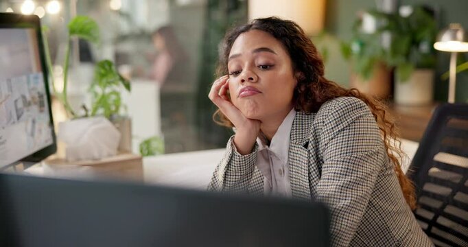 Computer, bored and night with business woman in office for fatigue, frustrated and deadline. Overworked, burnout and 404 glitch with female employee in agency for mental health, project and report