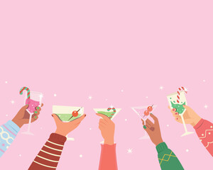Happy Hand holding cocktail party drink. Banner happy people celebrating christmas party, People Toasting With Wine Or Champagne.