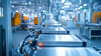 Obraz premium High-tech assembly line for manufacturing electric vehicle batteries.
