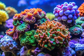 Obraz premium a cluster of colorful coral fragments clings to the side of a rocky outcropping as slime seeps from its edges, beach, seaweed