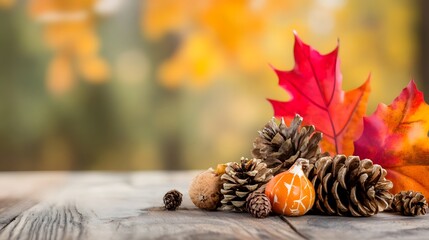 Autumn leaves and pine cones create a cozy seasonal arrangement on wooden surface