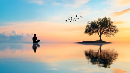 Meditative individual observes serene sunset reflection while birds fly over isolated tree