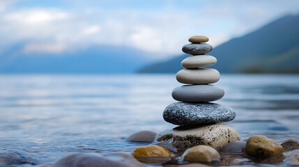 Rocks balance harmoniously on water's edge creating serene nature scene