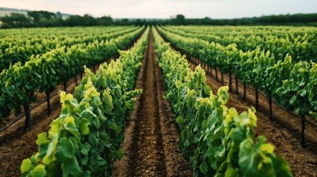 Lush vineyard with multiple rows of green grapevines growing in a well-maintained agricultural field under a cloudy sky