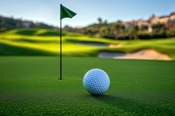 Fototapeta premium A close-up view of a golf ball near a flag on a lush green putting green with soft hills in the background, capturing the essence of the game.